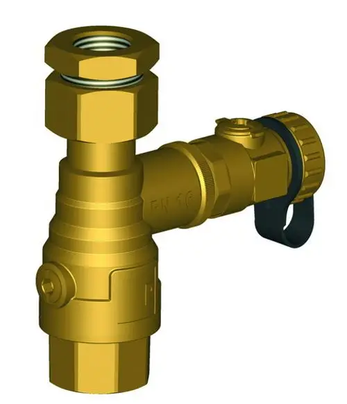 Messingabsperrhahn mit einem Anschluss für Rohrleitungen, hergestellt von IMI Hydronic Engineering. Das Produkt zeigt ein gewindeartiges Design mit verschiedenen Verbindungen.